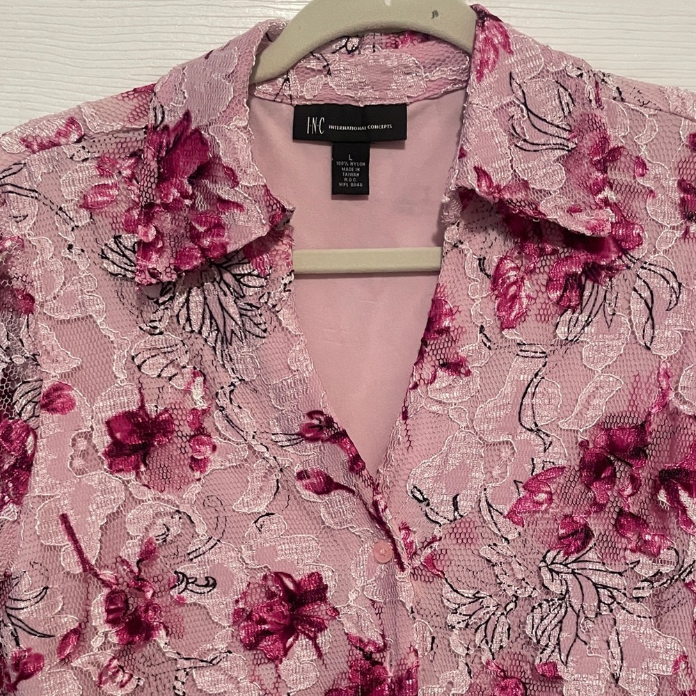 INC International Concepts Pink Floral Lace Button-Front Blouse